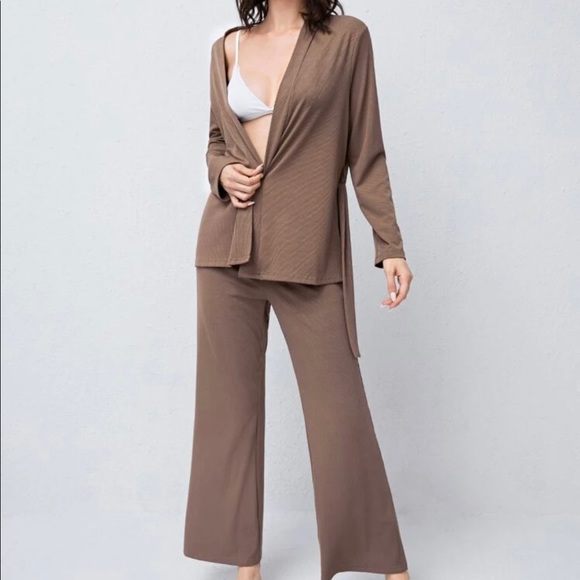 SOLD Mocha Brown Ribbed Wrap Belted Robe Top Flare Pajama Lounge Pants Set M - Picture 3 of 8